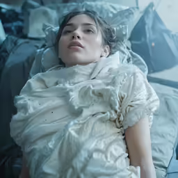 a woman laying on a bed in white sheets