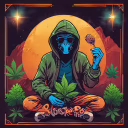 a person sitting on the ground with marijuana leaves,a graphic depicting a man with an over head face with marijuana leaves and the text, smokehouse