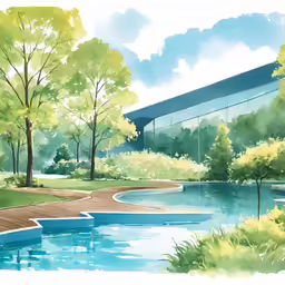 this is an image of the side of a building with lake in front