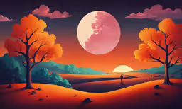 an art print of a person walking across a desert,a painting of a sunset that looks like a surrealistic scene