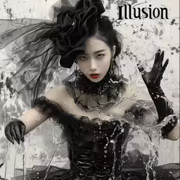 an image of a woman with black gloves,a cover of illusion magazine with a woman in a black dress
