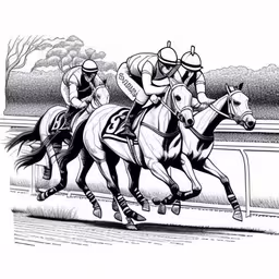 three horses racing over an open jockey race track,a couple of people are riding horses