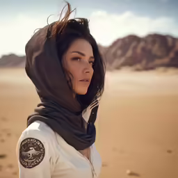 a woman is standing in the desert wearing a white shirt and black shawl
