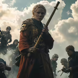 a woman in armor holding a rifle standing in front of people