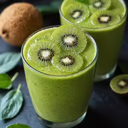 two glasses of green fruit and one is on the floor