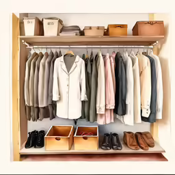a large closet with an organized rack of clothes