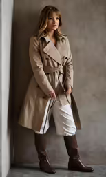 a woman wearing a trench coat and boots