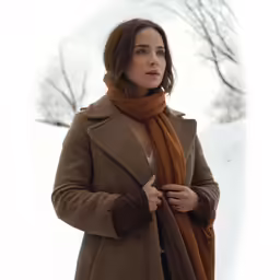 a woman standing outdoors in the snow wearing an unmade brown coat and tan scarf