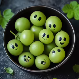 bowl filled with green fruit that look like faces