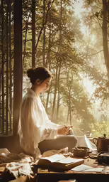 a woman sits by the window holding a sewing needle