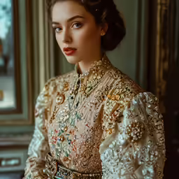 a woman wearing a dress with beaded and pearls