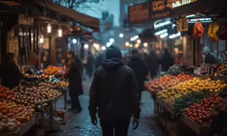 a person in a hooded jacket walking down an aisle full of food