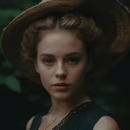 a young girl is wearing a big brown hat