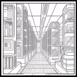 a drawing of a narrow room with shelves and some items on the walls,an art print is shown for coloring and is depicting a city hallway