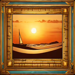 a painting of a sunset over the ocean with a sail boat,a painting of a sunset in a frame