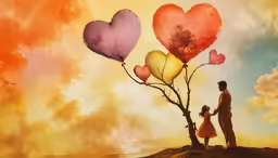 people standing on a hill looking out at the sky with multiple heart shaped balloons in the air
