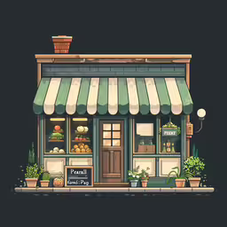 a building has a storefront on the corner,a picture of an outside market with plants on the outside