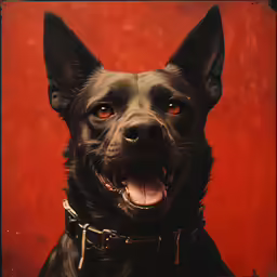 an orange eyed black dog is looking at the camera
