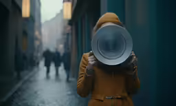 a person holding a round object in front of their face