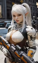 an elf woman in cosplay holding a rifle