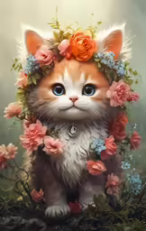 the cat is wearing flowers in its hair