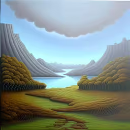 a landscape is shown with mountains in the background,a painting of a stream flowing into mountains with trees and a lake in the background,a painting of trees with water in the distance,painting of grassy mountain valley and river on wall,a painting with some trees in front of a mountain range