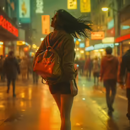 a woman walking down a street at night