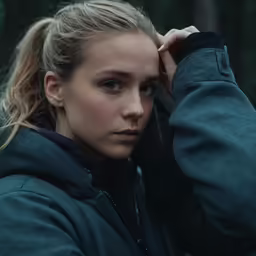 a female wearing a green jacket and a ponytail