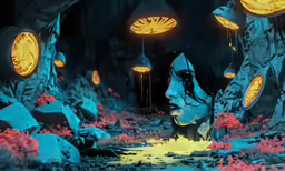 a digital art work of an animated girl floating in the air
