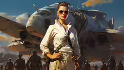 a woman wearing sunglasses and standing next to an aircraft,a woman in a military uniform and aviator glasses