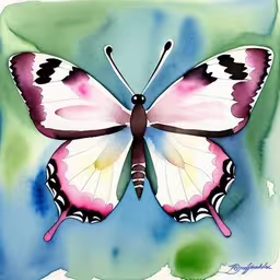a drawing of a large white butterfly with purple wings,a white butterfly is sitting on the edge of a green piece of watercolor paper,the watercolor painting is of a butterfly,a close up image of a butterfly painted in acrylic on paper,a painting of a colorful butterfly on a green background