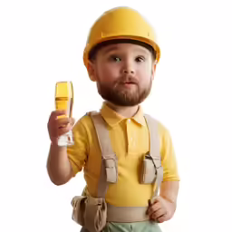 a young boy wearing a yellow construction outfit and holding up a cup