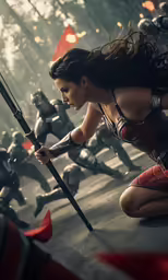 a woman kneeling on the ground holding an arrow