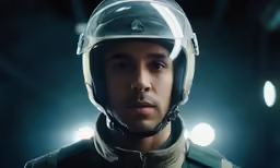 a man with a helmet on stares to the side
