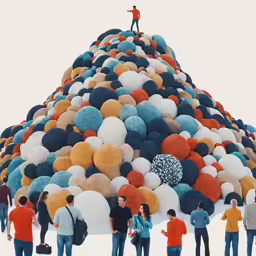 people are standing around the colorfully colored balls