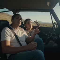 a man and a woman sitting in the back of a truck