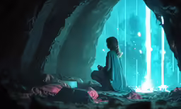 woman sitting inside dark cave in blue light, gazing out