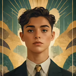 a young man in a suit and tie standing in front of an art decoal background