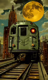 a green and black train on tracks with a large yellow moon above it