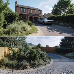 some bushes plants trees dirt and a car