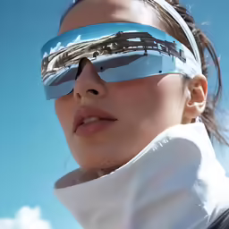 the woman wears sunglasses and a white turtle neck