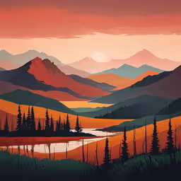 a painting of a beautiful view of a lake and mountains at sunset,the colors of this painting make it appear to be vibrant