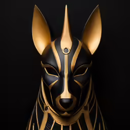 an egyptian mask with black leather and gold metal details