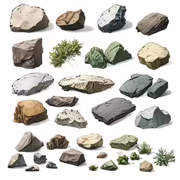 many rocks with plants on them and grass