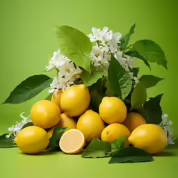 a pile of yellow lemons surrounded by greenery