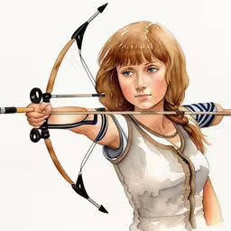 a girl wearing white is aiming a bow,a watercolor painting of a girl holding a bow and arrows