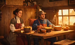 there is a man and woman eating in the house,a man and woman are standing behind a table with food