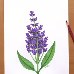 a drawing of purple flowers on white paper,the purple flowers are on this drawing paper