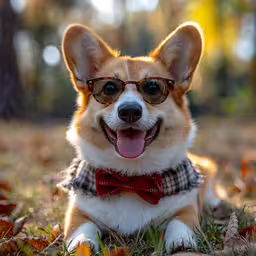 a small dog with a bow tie and glasses,a corgi dressed up for fall is sitting on the grass and looking off camera