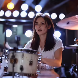 young woman sitting at a drumset looking back at the camera